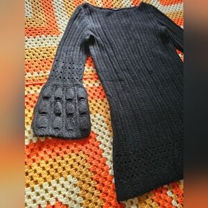 100% Cashmere Magaschoni Ribbed Knit Black Sweater Dress with Bell Sleeves